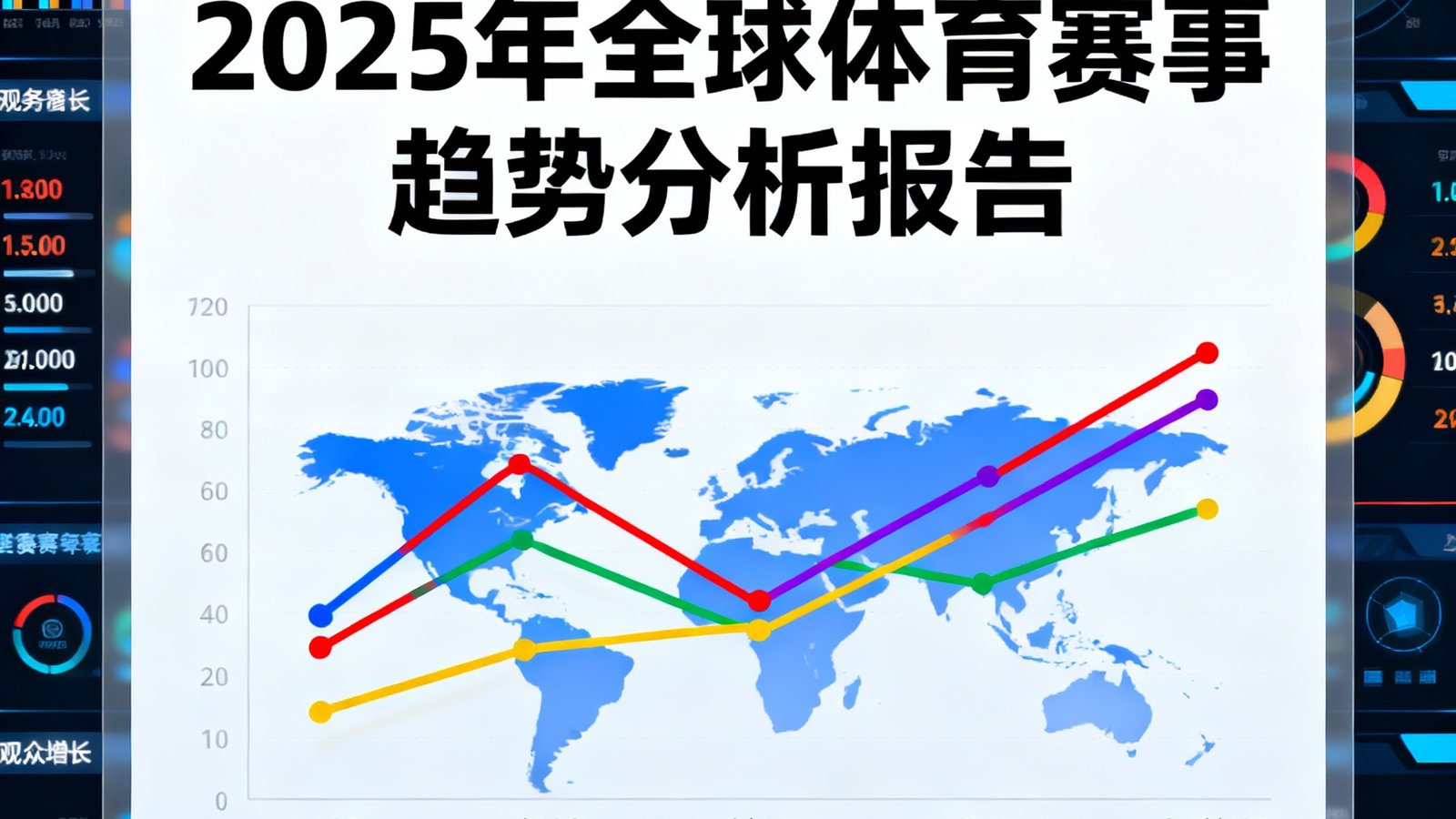 2025年全球体育赛事趋势分析报告封面图，图表展示各大洲赛事观众增长曲线，背景为数据可视化仪表盘